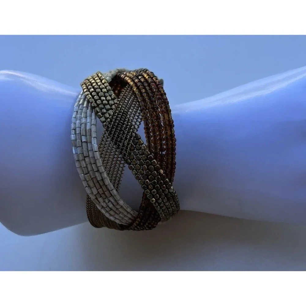 Vintage Glass Seed Bead Pieces Cuff Bracelet Brown Gold Y2K Women’s Sz 7.5”
